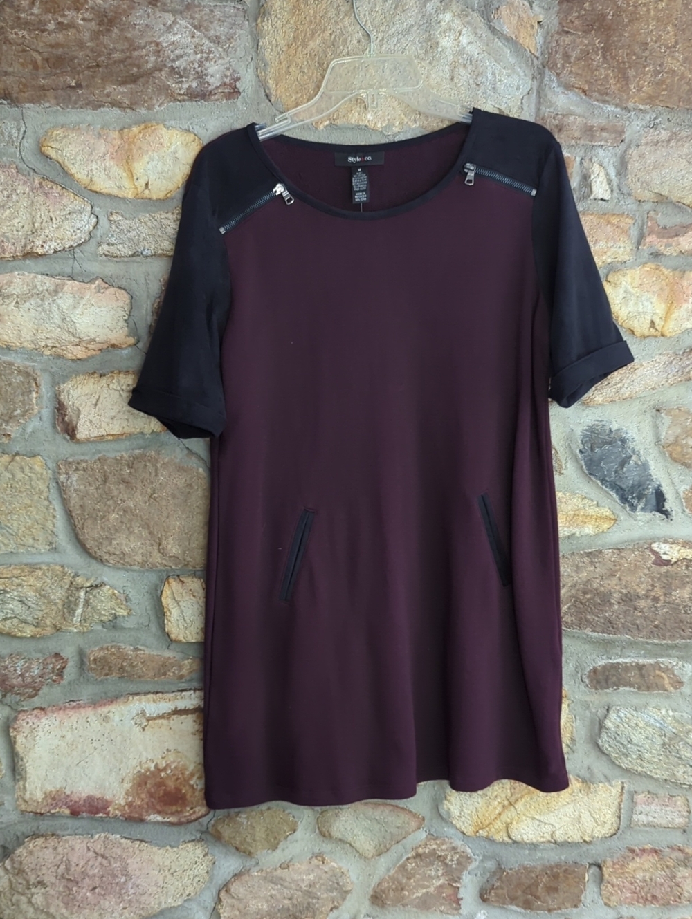 Style & Co. Wine and Black Short Sleeve Tunic with Zip Accents